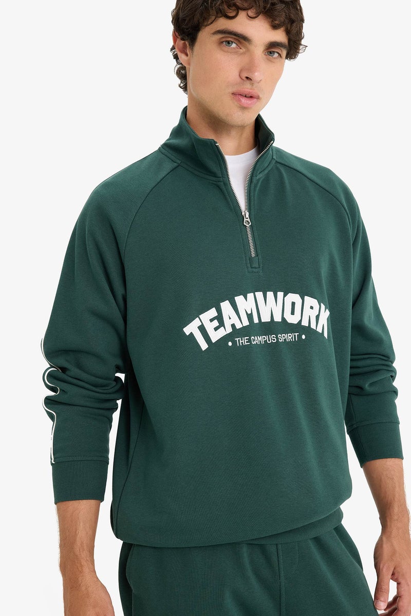 DeFacto Green Man Boxy Fit Stand Collar Zippered Printed Sweatshirt Casual - Image 3